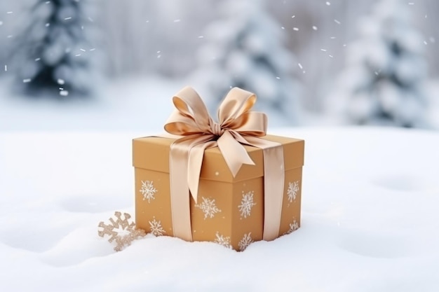 Single elegantly wrapped gift box on a snowlike surface