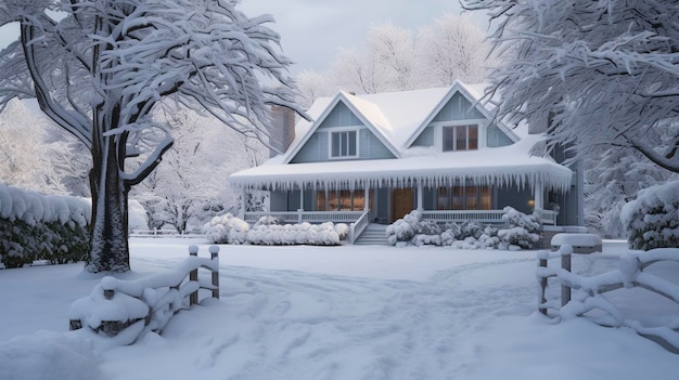 A single family home covered in snow during winter