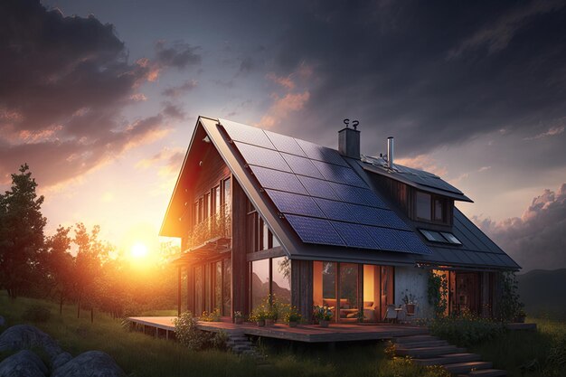 Single family house with solar panels on the roof at sunset or sunrise Sustainability concept Generative AI