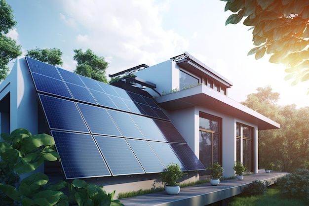 Single family house with solar panels on the roof at sunset or sunrise Sustainability concept Generative AI