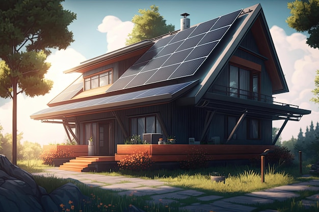 Single family house with solar panels on the roof at sunset or sunrise Sustainability concept Generative AI