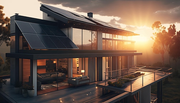 日没または日の出時に屋根にソーラー パネルを設置した一戸建て住宅 サステナビリティのコンセプト Generative AI