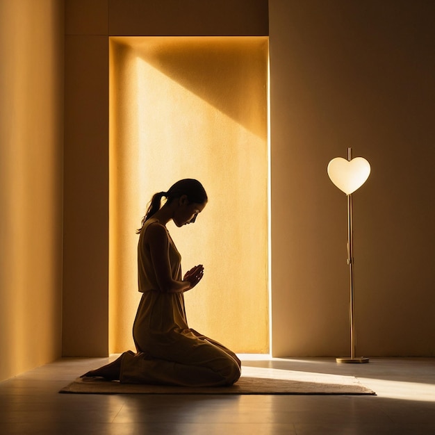 A single figure kneels in prayer bathed in a warm golden light spilling through a window The figu