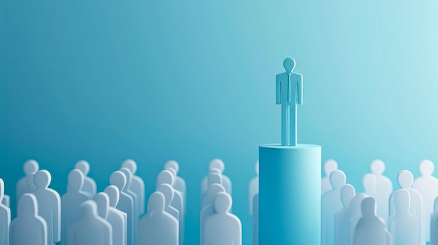 Photo single figure on pedestal among white figures on blue leadership hierarchy concept generative ai