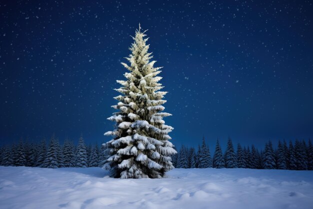 Single fir tree covered in snow against a clear night sky created with generative ai