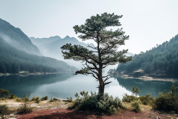 A single fir tree near the lake with trees and high rocky mountains