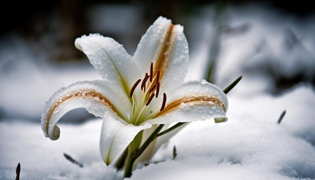 AIによって生成された冬の氷のグリップで単一の花がいています