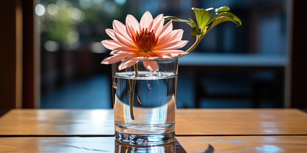 テーブルの上にある水のグラスの中の単一の花