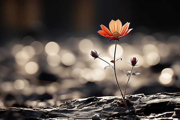 a single flower growing out of the ground in front of a blurry background