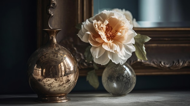 Single flower in a vase with an antique mirror AI generated