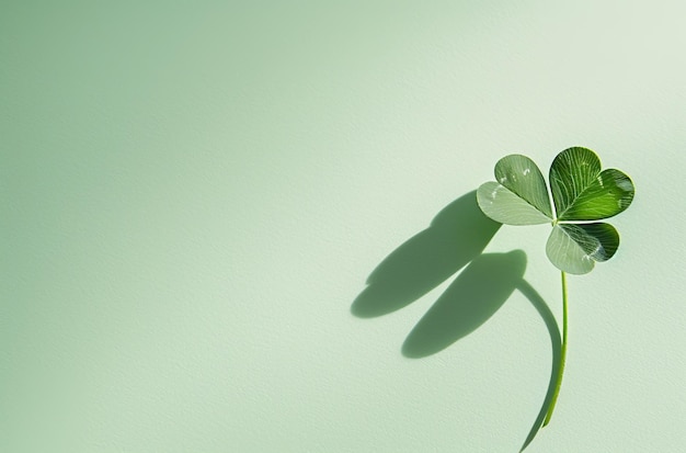 Single fourleaf clover casting a shadow on a light green background