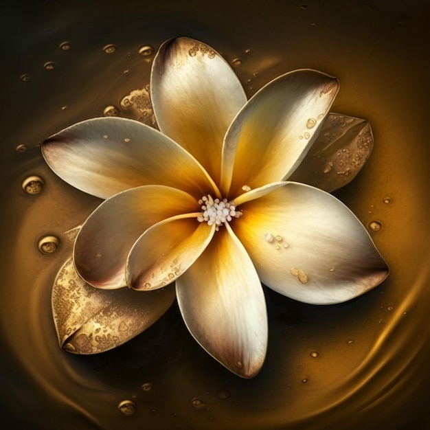 Single frangipani in scented water with gold color background