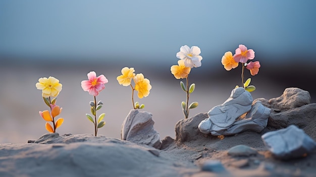 Single fresh blooming flowers on the ground sand among stones on a gray background