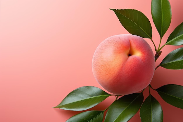 柔らかいピンクの背景に影を投げる葉を持つ単一の新鮮な桃