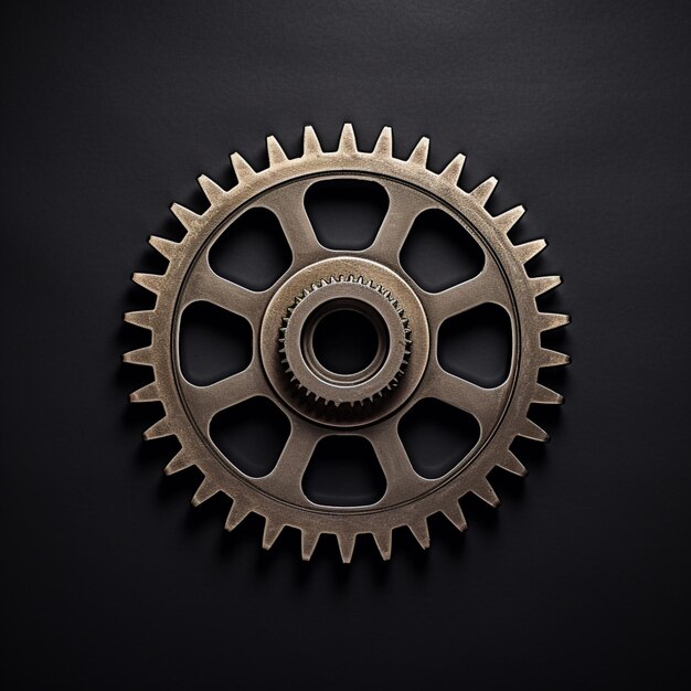 A single gear wheel isolated on a gray background emphasizing its intricate design and metallic texture