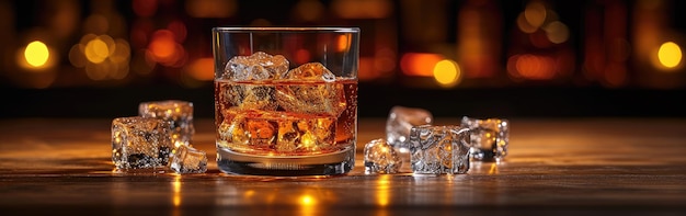 A single glass of whiskey with ice highlighted against a dark background with space for text