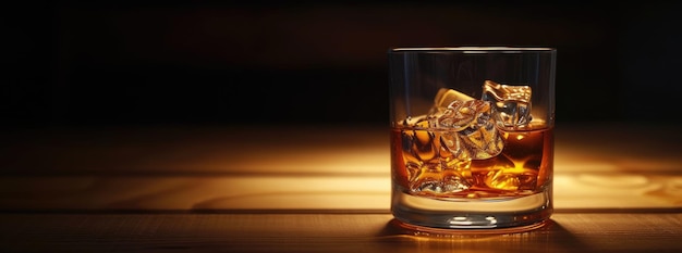 A single glass of whiskey with ice highlighted against a dark background with space for text