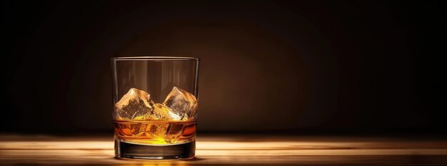 A single glass of whiskey with ice highlighted against a dark background with space for text