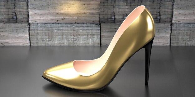 Single golden high heel shoe with industrial concrete background