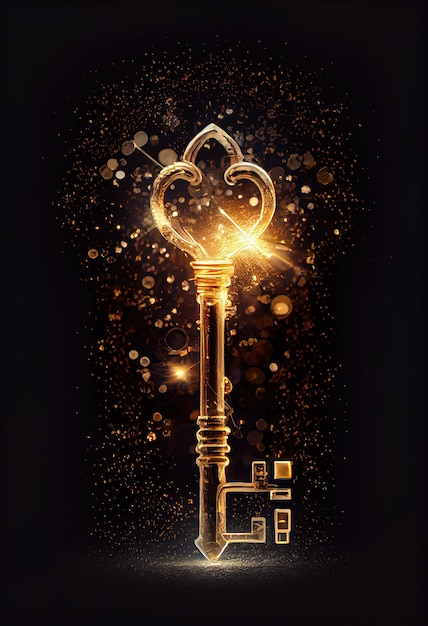 Single golden key with sparkling lights Business concepts of unlocking potential key to success