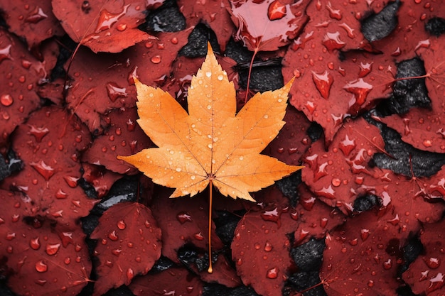 Single golden maple leaf falling on pile of red leaves with rain water Created with Generative AI technology