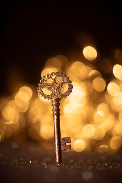 Single golden skeleton key surrounded by sparkling lights generate ai