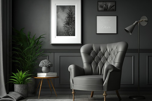 Один серый цвет на фоне фоторамки, один журнальный столик и кресло в монохроматической темно-серой внутренней комнате