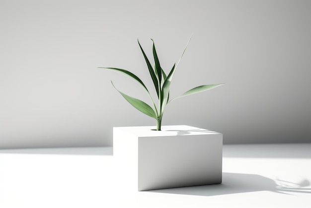 Single green plant on a white podium against a white background