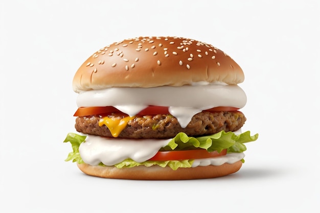Один гамбургер, изолированный на белом фоне. Свежий гамбург, фаст-фуд с говядиной и сливочным сыром.