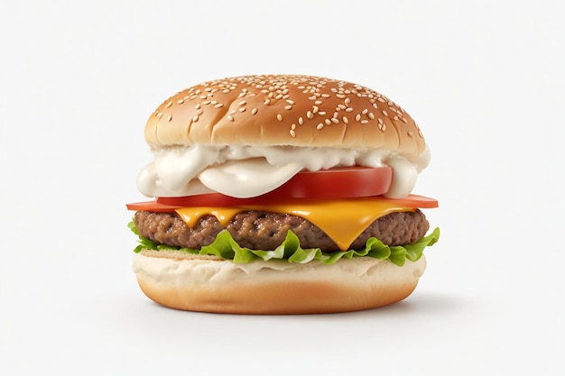 白い背景に隔離された単一のハンバーガー 牛肉とクリームチーズの新鮮なハンバーガーファストフード