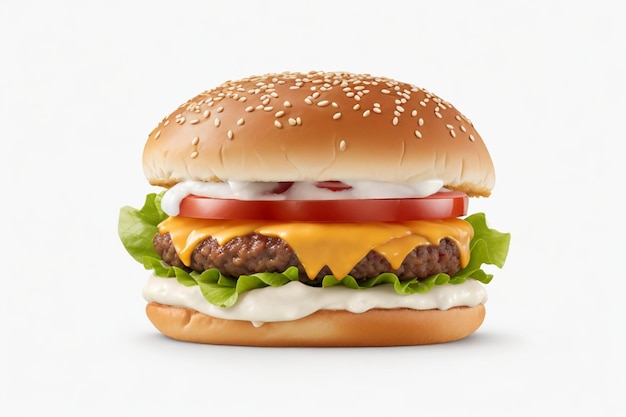Один гамбургер, изолированный на белом фоне. Свежий гамбург, фаст-фуд с говядиной и сливочным сыром.