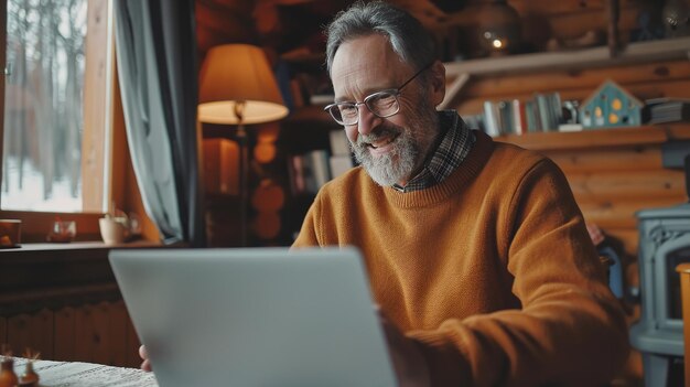 행복해 보이는 성인 백인 남성이 집에서 노트북으로 일하고 있습니다.