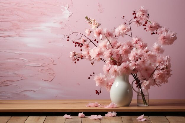 Single laminate plank surrounded by pink floral elements AI generative