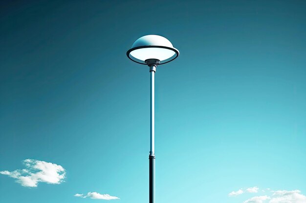 Single lamp post lamp on thin pole against light blue sky