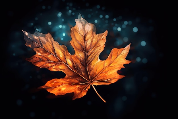 A single leaf on a black background with bokeh Generative AI image