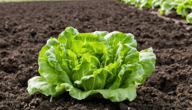 A single leaf of lettuce growing in the dirt