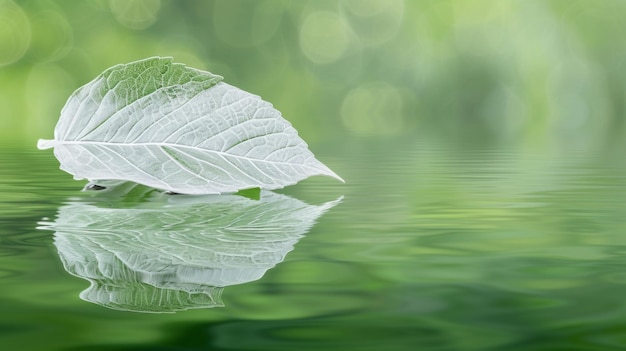 Single leaf on a mirror creating enchanting reflections on a lush green backdrop