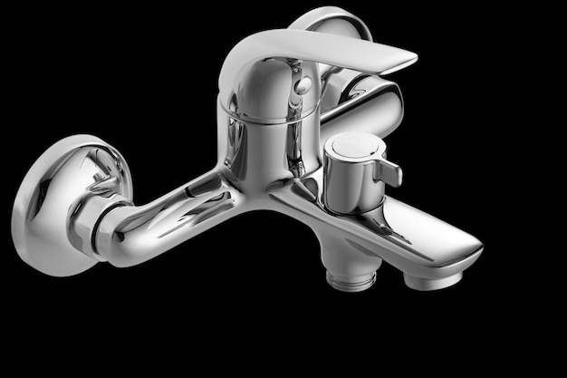 Photo single lever bath mixer. short nose. isolated over black background. wall mounted.
