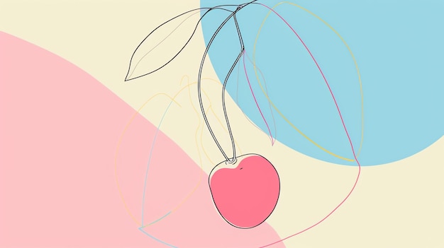 Single line art drawing of a cherry The cherry is pink and the stem is black The background is a pale blue and pink color block pattern