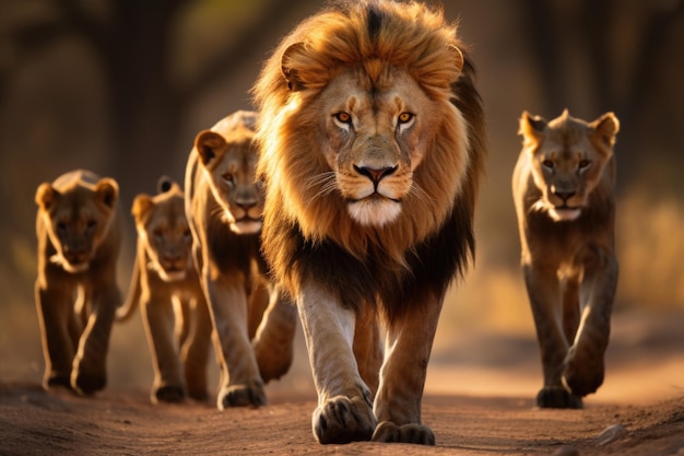 Single lion leading a pack