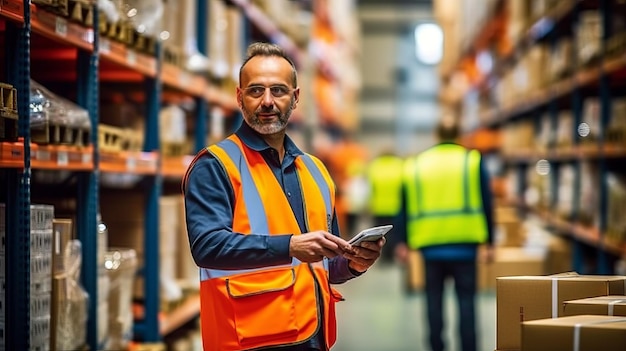 A single logistics employee is working in a busy warehouse