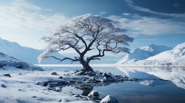 A single Lonely tree in on snowy in winter season Snow mountain in the background