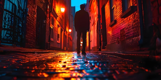 A Single Man in a Dark Alley at Night Concept Night scenery Urban environments Solitude Mystery Portraits