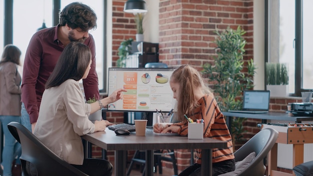 Single mom talking to colleague about growth and daughter doodling at workplace. Working mother working on computer for business with man while having little girl at work office..