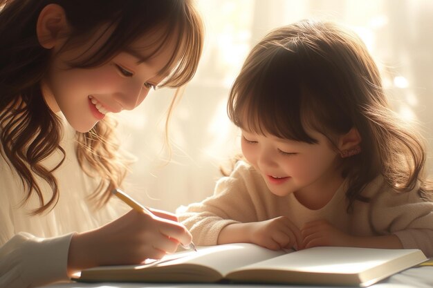 single mom with cute daughter happiness moment time teach homework