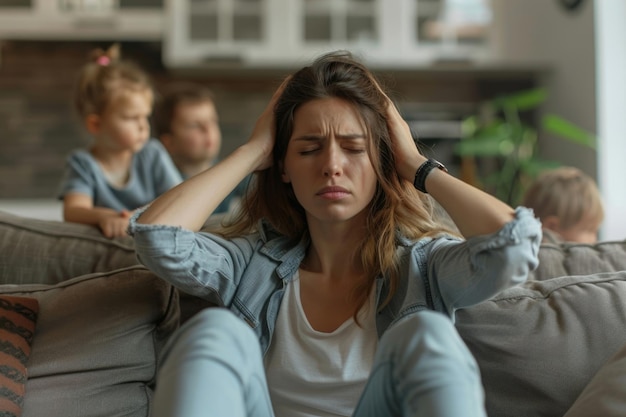 Photo single mother overwhelmed by noisy kids babysitter exhausted