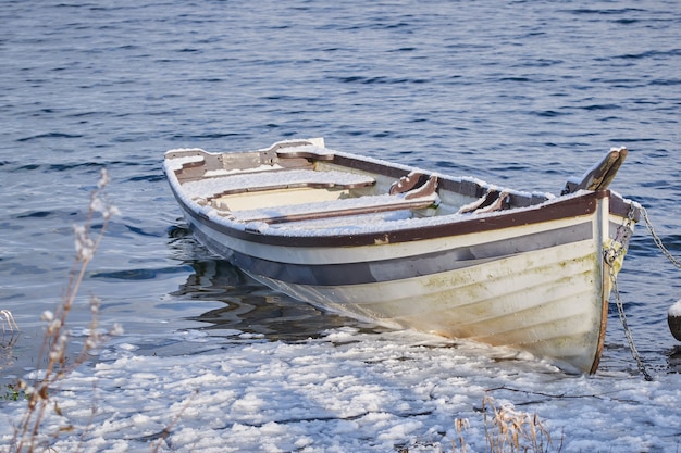 Single old boat in a partially frozen lake. The boat is covered with snow