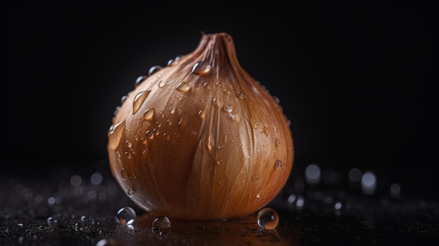 A single Onion on black background visible drops of water generative AI