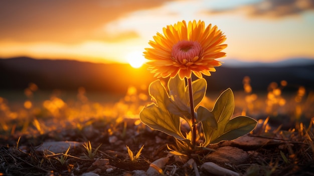 A single orange flower stands in the middle of a field at sunset