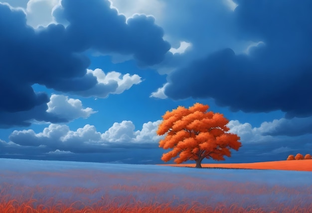 A single orange leafed tree in the center of a field with red grass under a blue sky with clouds